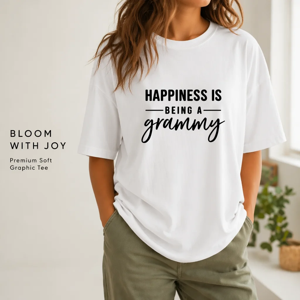 Happiness Is Being a Grammy Shirt for Women 100% Cotton Funny Grandma Graphic Tee Mothers Day Grandmother Gift