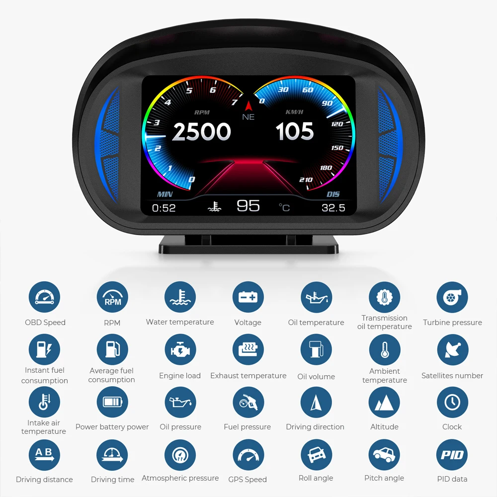 

Дисплей на лобовом стекле для автомобиля P2 OBD2, часы, GPS Спидометр, наклон, Внешняя скорость, будильник, турбо тормоз, тест на борту компьютера, тестер