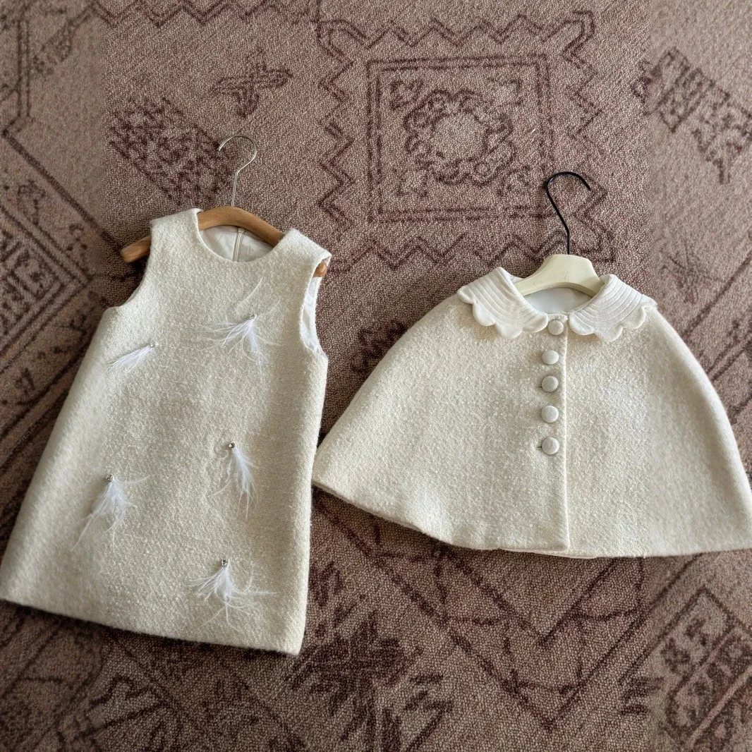 2026 Winter Girls' Clothing Princess Style Temperament Wool Shawl Cloak Sleeveless Dress Girls' Birthday Dress