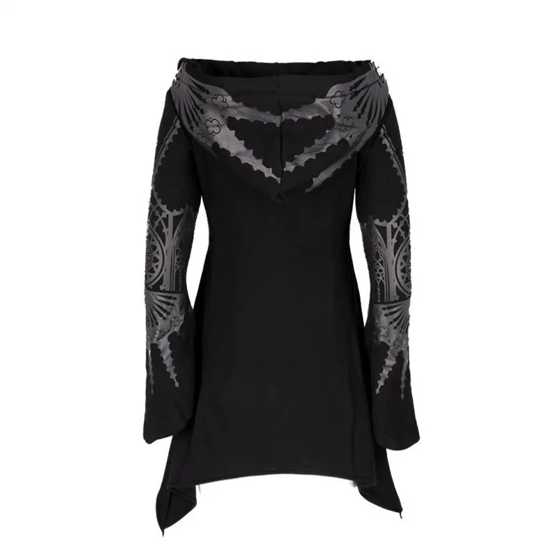 European American Style Punk Gothic Zip Up Hooded Sweatshirt for Women Autumn Winter Fashion Black Printed Hoodie Y2k Streetwear