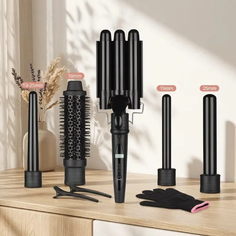 New product arrives, factory direct sales, interchangeable 5-in-1 fast heating aluminum curling iron, LCD screen, PTC salon curl