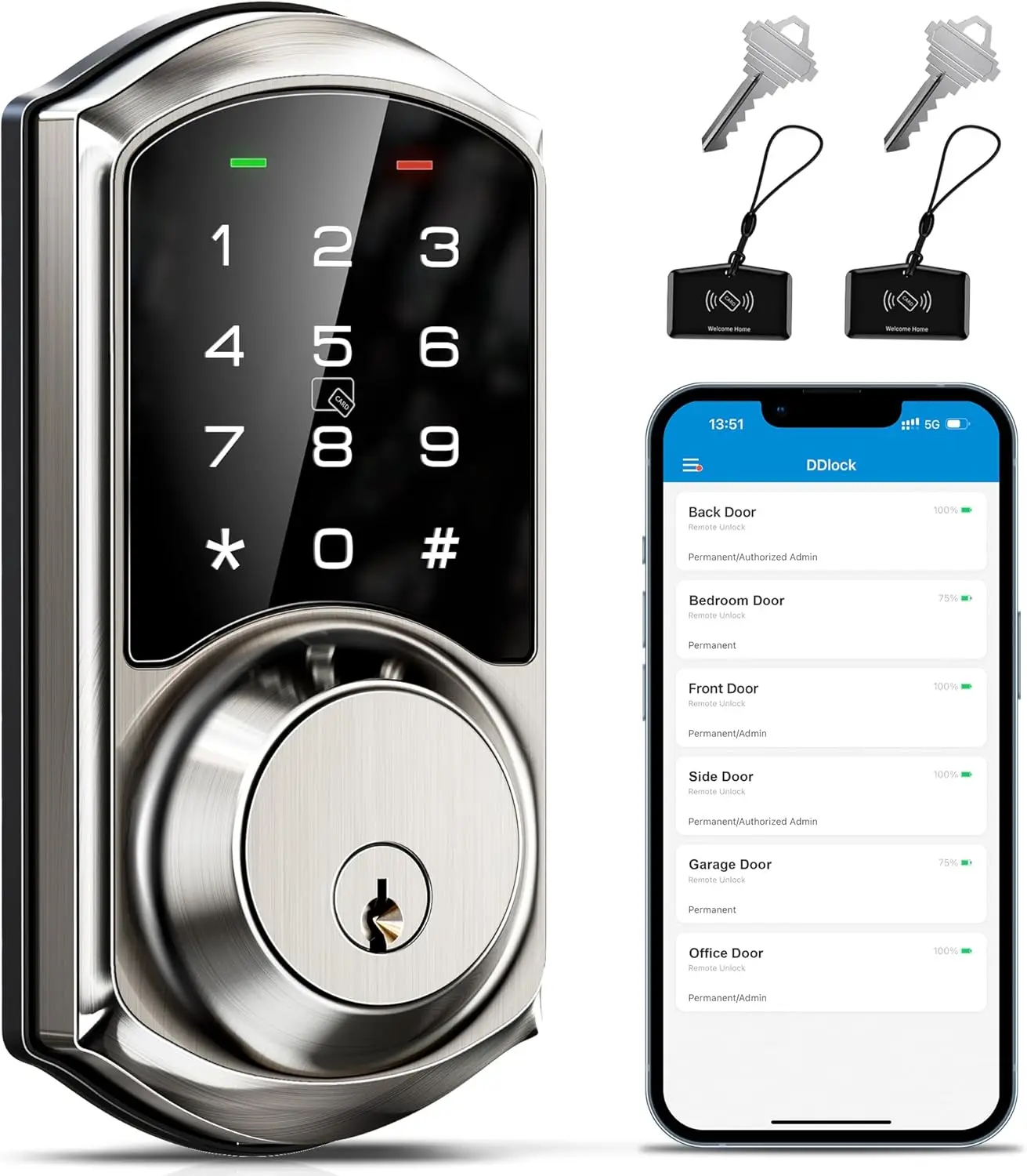 Veise Smart Deadbolt مع التحكم في التطبيق، قفل ذكي للدخول بدون مفتاح للباب الأمامي، قفل باب رقمي إلكتروني مع رمز
