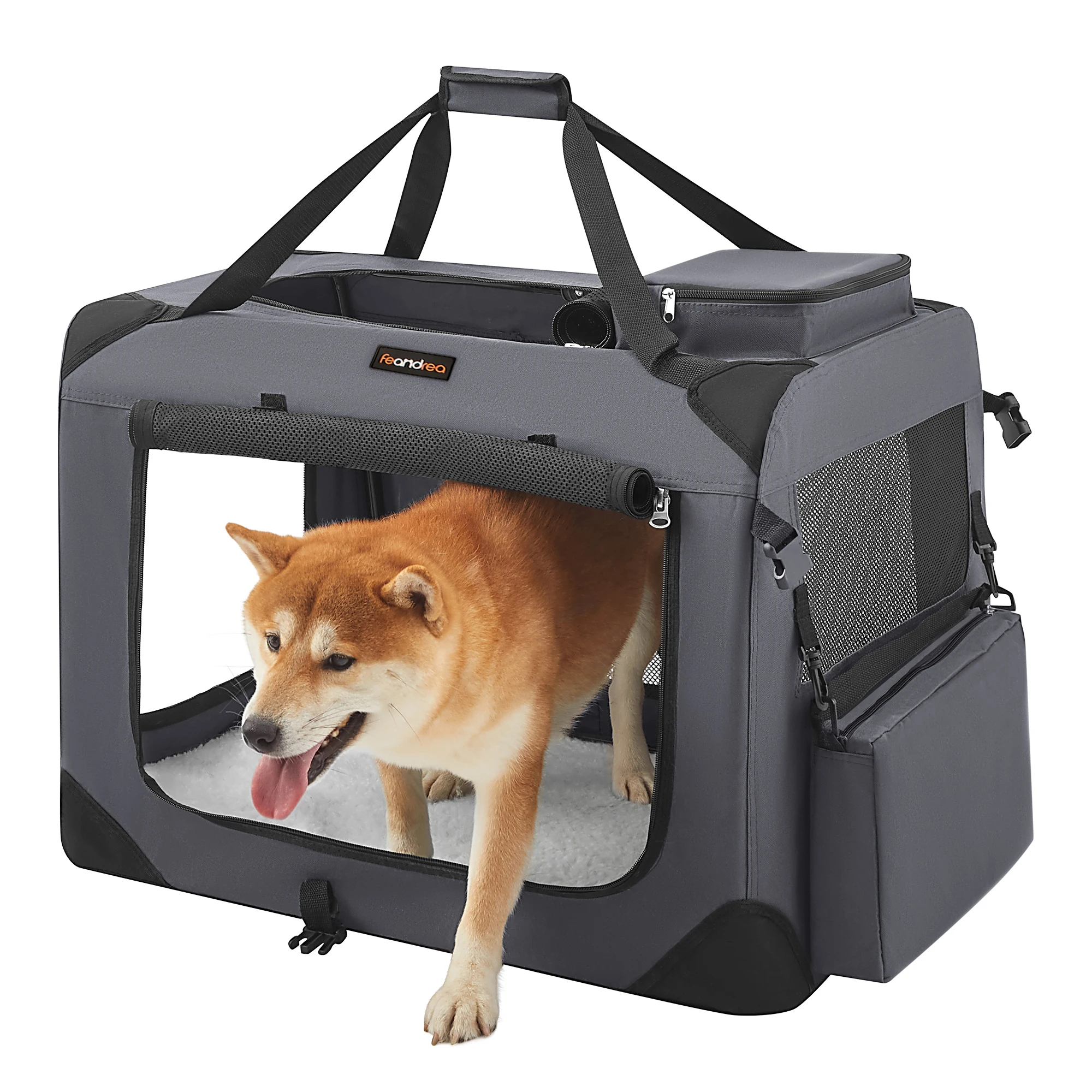 FEANDREA Faltbarer Hundewagen, atmungsaktive Hundetasche, tragbar, mit Griff und Tasche, Grau