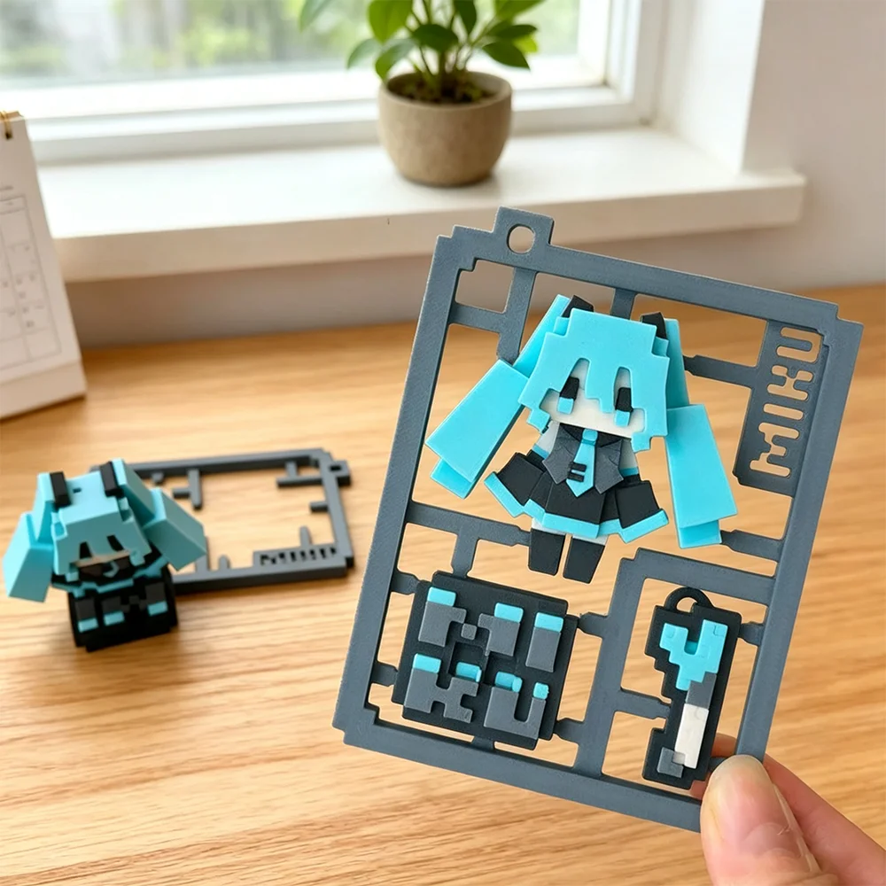 3D Printing Keychain - Hatsune Miku Pixel-style Assembly Model 3D