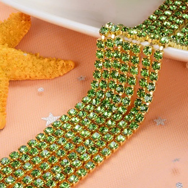 1yard/piece SS6 SS8 SS12 19Colors Glass Crystal Rhinestone Chain,Gold Bottom Sew On Cup Chains For Diy Garment Bags Decorations