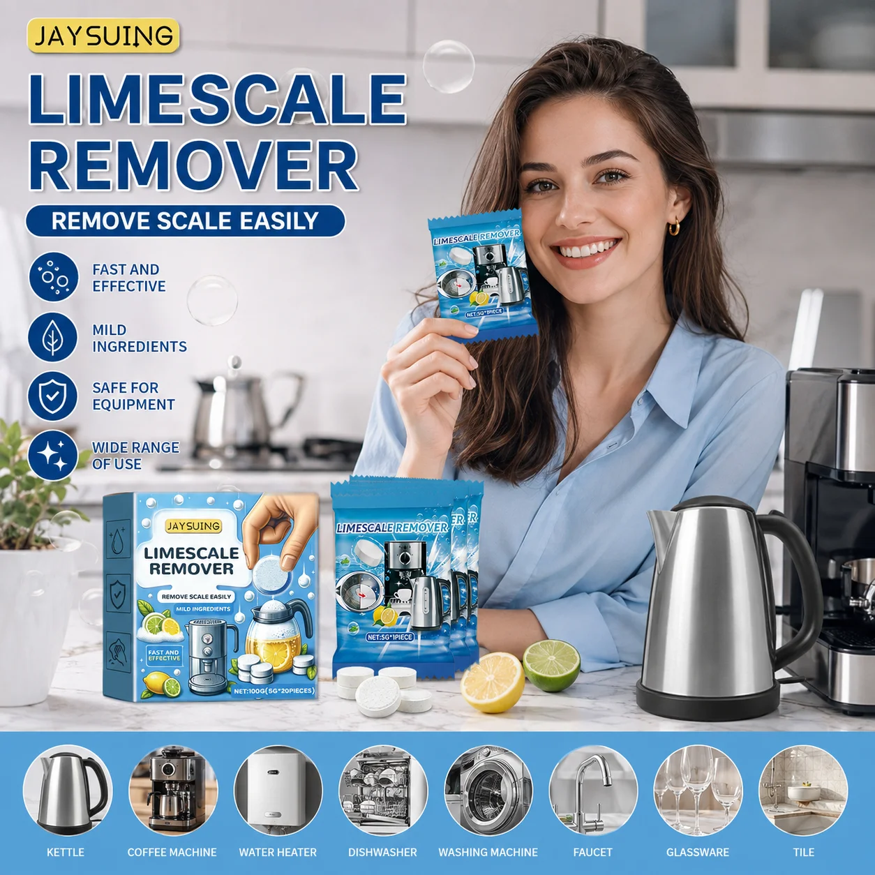 Jaysuing Limescale Remover Effervescent Tablets Quick Limescale Dissolving Odor Prevention Grease Removal Descaling Tablets 100g