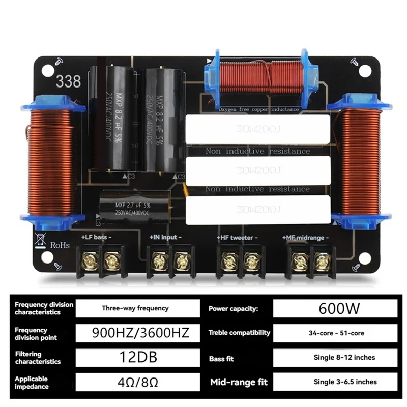 -BOFF 3-Way Speaker Crossover 1 Tweeter 1 Bass 1 Mid Speaker Divider 600W 4Ohm/8Ohm Audio Crossover For 8/10/12 Inch Speaker