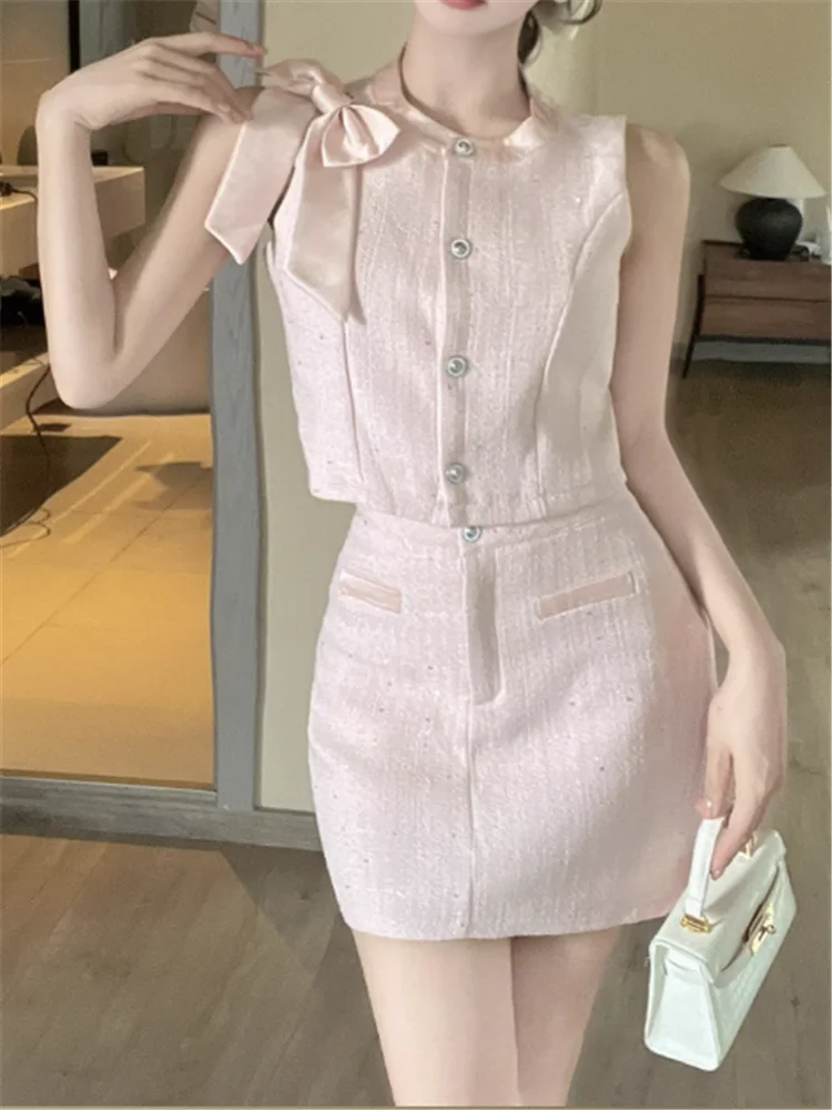 

Стиль принцессы, синий, розовый, женский комплект из двух предметов, большой бант, без рукавов, с круглым вырезом, жилет, топ + мини-юбка-карандаш, костюмы знаменитостей из 2 предметов