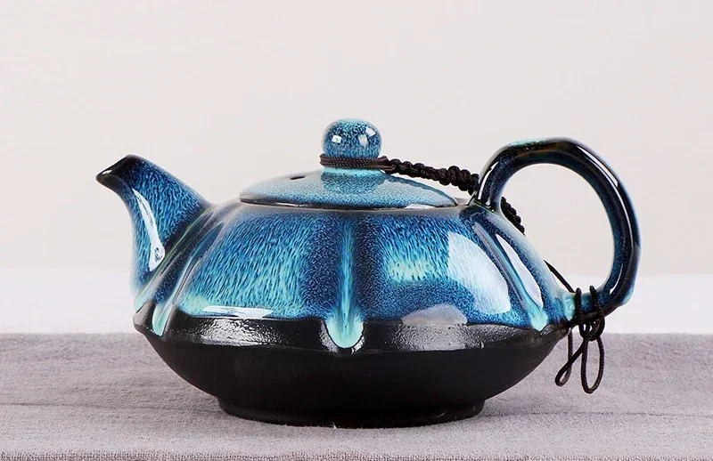 

Chinese Tea Set Blue Amber Glaze Ceramic Jingdezhen temmoku glaze Exquisite Set Kung Fu Tea Cup portable Teapot Gaiwan Tea Cups