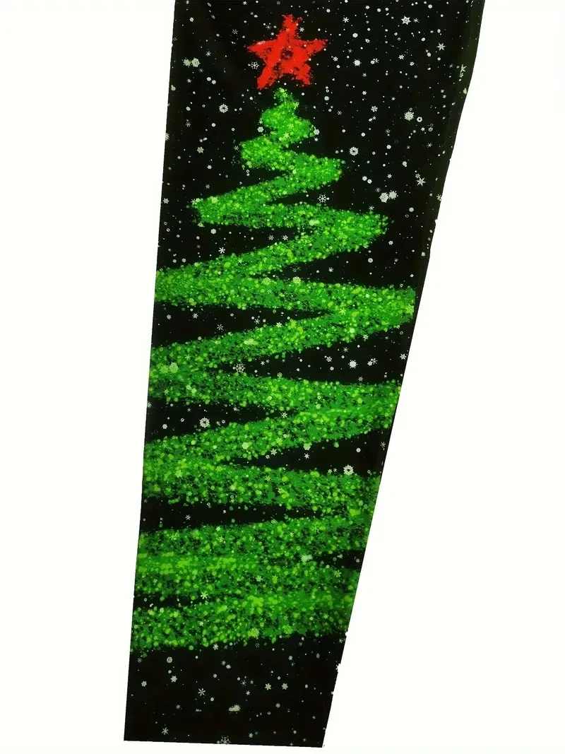 New Christmas Tree & Snowflake Print elasticated waist tight fit Casual women\'s leggings Christmas atmosphere