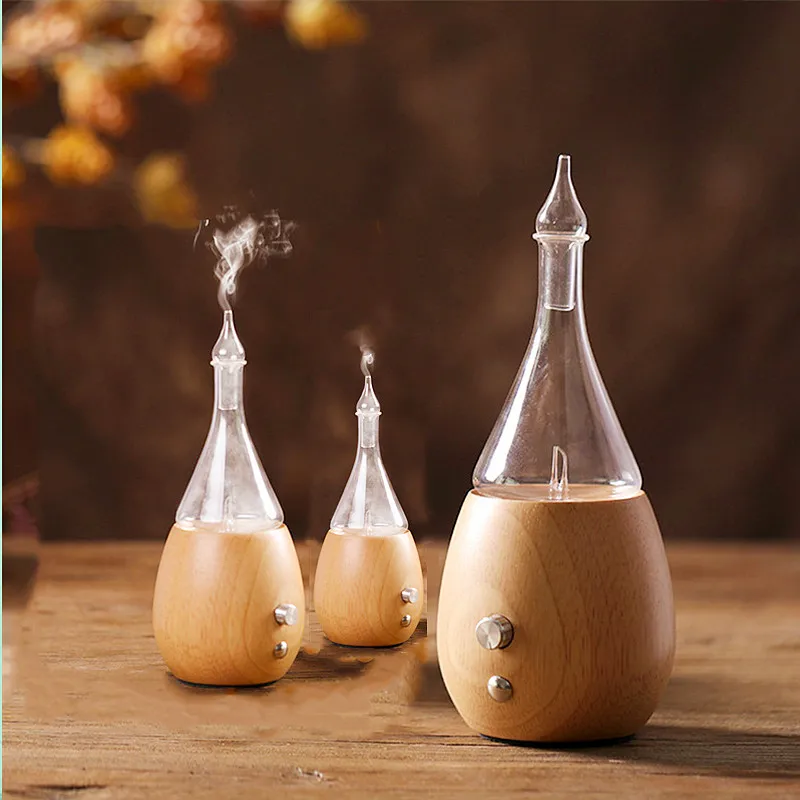 Waterless Nebulizing Aroma Essential Oil Diffuser Wooden Glass Aromatherapy Diffuser Nebulizer LED Light For Home Office