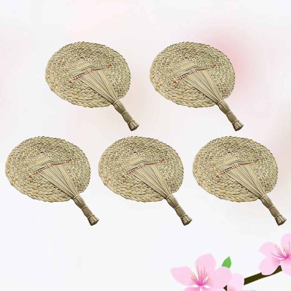 

5pcs Grass Eco-Friendly Pure Handmade Folding Fan For Summer Lightweight Bamboo Palm Leaf Fan Gift Packaging Crafts For