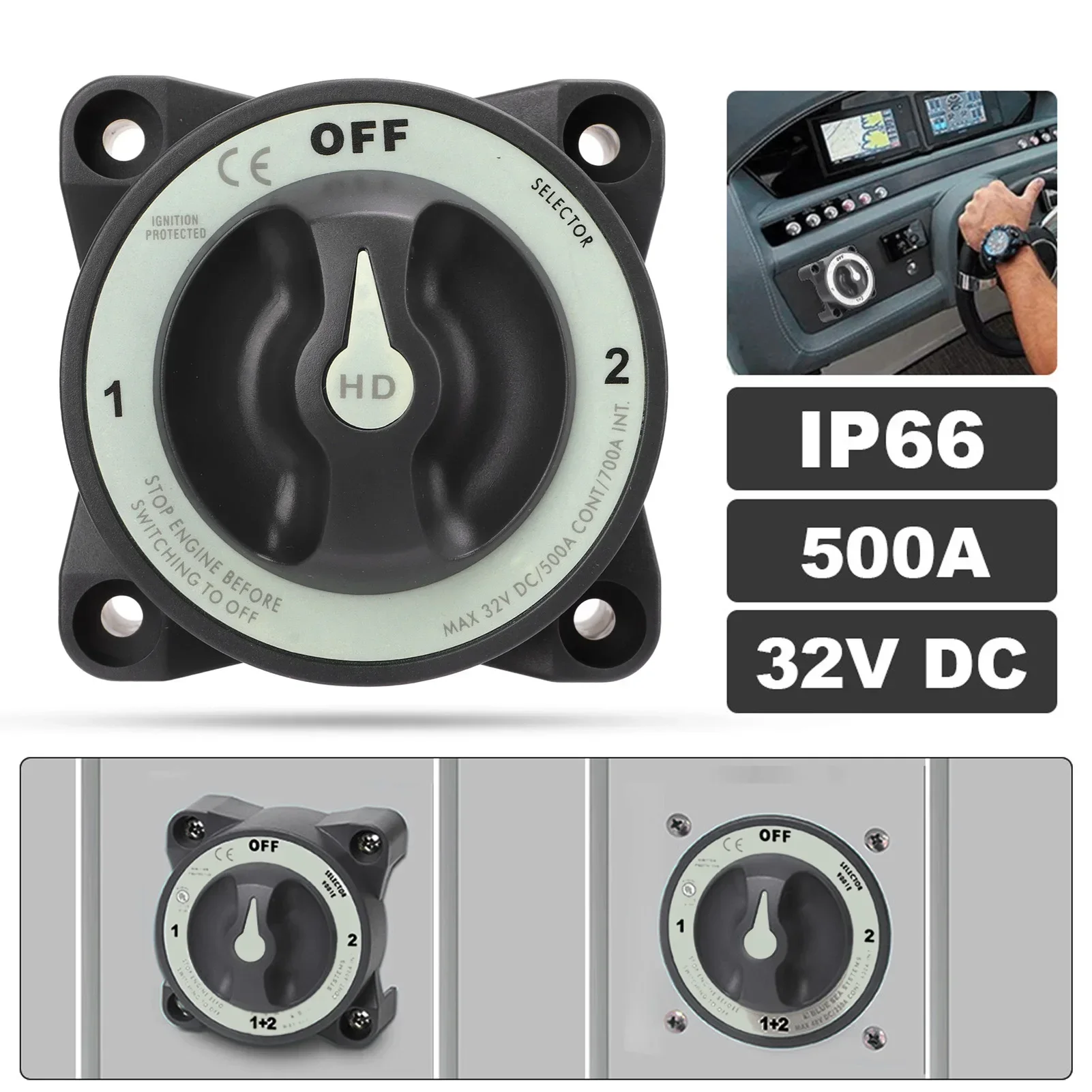 Battery Disconnect Switch For RV Marine Boat Battery Cut-Off Switch ABS Copper 500A 3-Position IP66 Flexible Installation