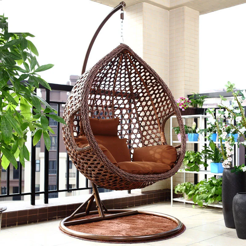 Outdoor Double Seat Garden Furniture Rattan Patio Hanging Swing Egg Chair With Stand