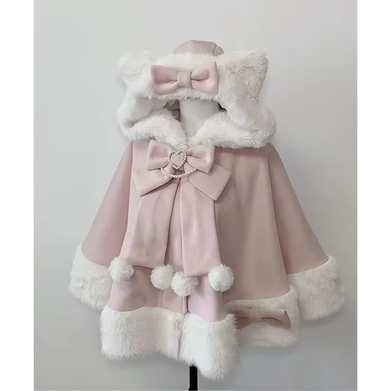 Japanse Lolita Zoete Kat Oren Capuchon Mantel Jassen Vrouwen Y2k Esthetische Harige Patchwork Jas Harajuku Zoete Boog Losse Jas