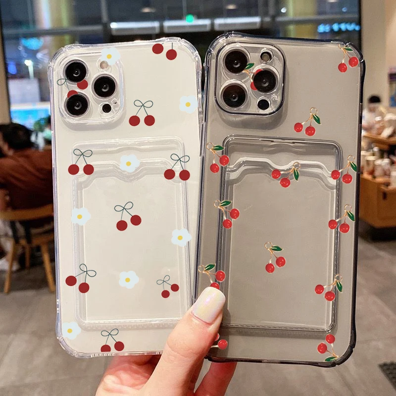 Case For iPhone 16 15 14 Pro Max 13 12 Mini 11 Cherry Flower Clear Phone Cover For iPhone XS X XR 7 8 Plus Wallet Card Bag Cover