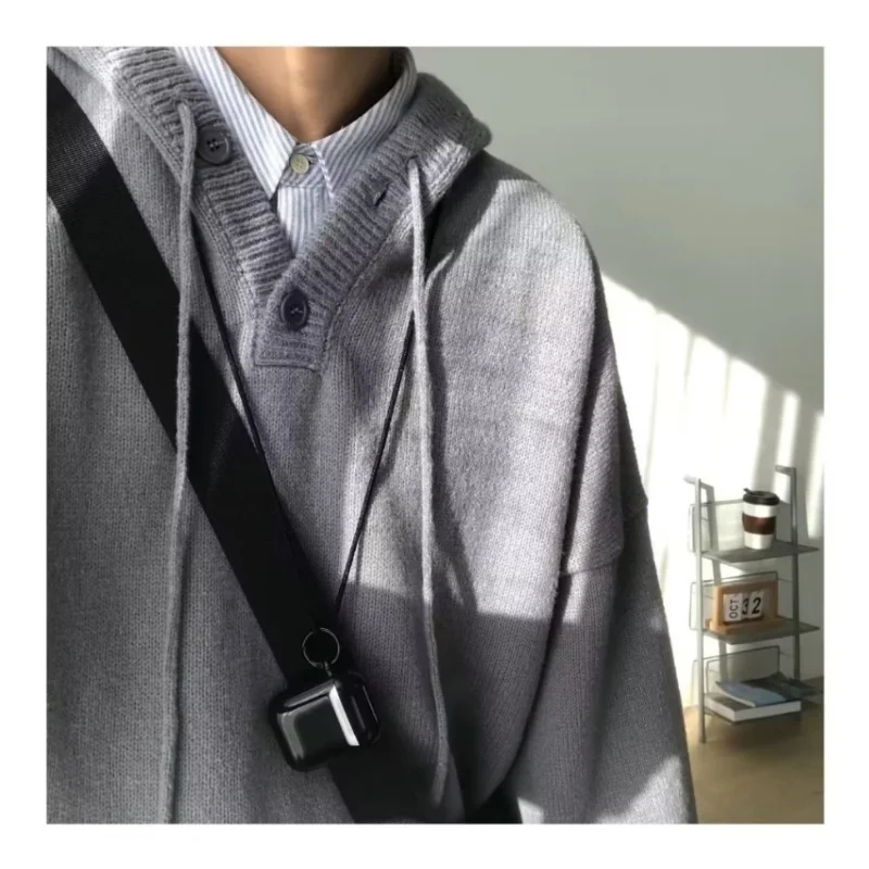 Men's Sweater Spring and Autumn Warm Loose Casual V-neck Base Sweater Soft Knitted Sweater Pocket Solid Color Hoodie