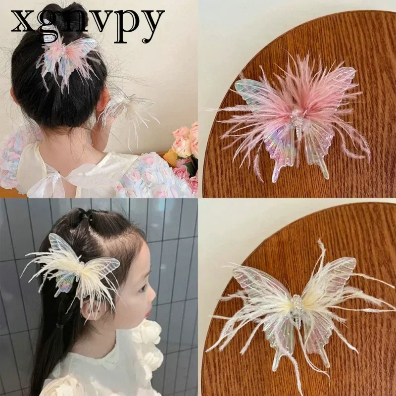 xgnvpy Children Colorful Feather Butterfly Hair Clip Fairy Beauty Princess Girl Hairpin Headdress Hair Accessories Baby Hair