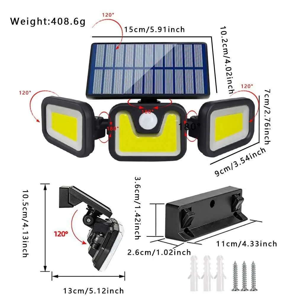 COB Trzygłowicowa lampa ścienna zasilana energią słoneczną Indukcyjny czujnik ruchu Lampa słoneczna Regulowana głowica Wodoodporna lampa ogrodowa na zewnątrz