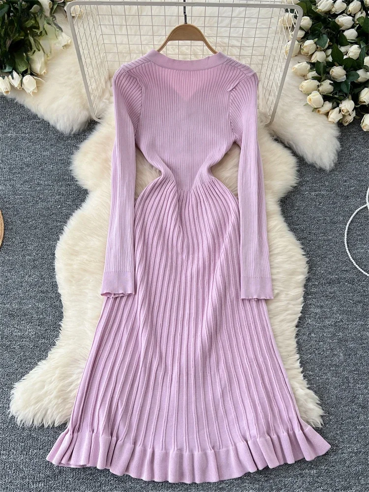 Autumn Winter Vintage Knitted Dress Women Sexy V-neck Button Elegant Long Dresses Ladies Long Sleeve Solid Long Robe Vestidos