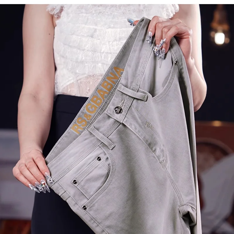 

Summer thin light gray jeans for men, slim fit with small feet, fashionable trend, casual, light luxury pants