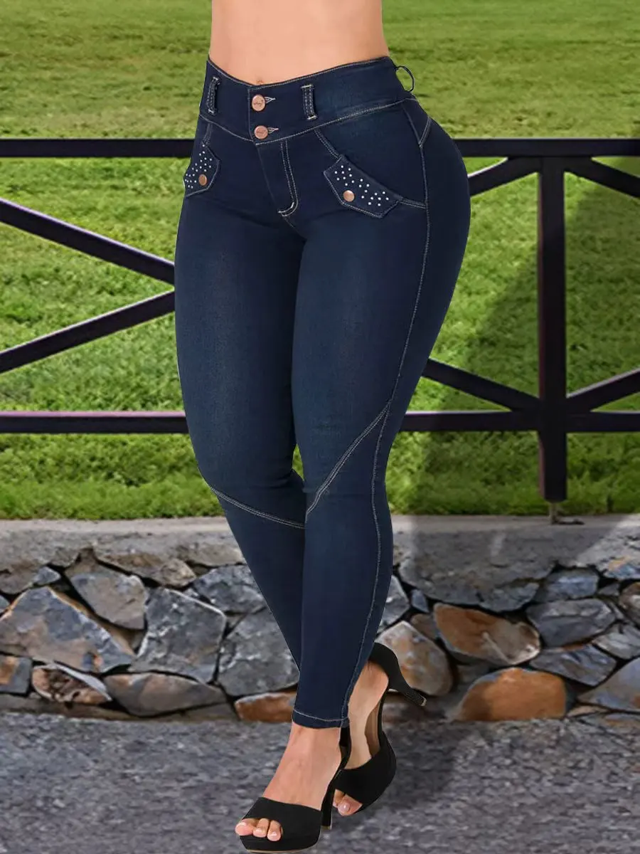 Jeans femininos decorativos com miçangas azuis profundos, corte justo, elástico, cintura média, justos, jeans casuais