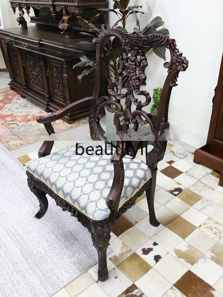

01A European Western Oriental Aesthetic Design Carved Armrest Dining Chair Vintage Fashion Computer Chair