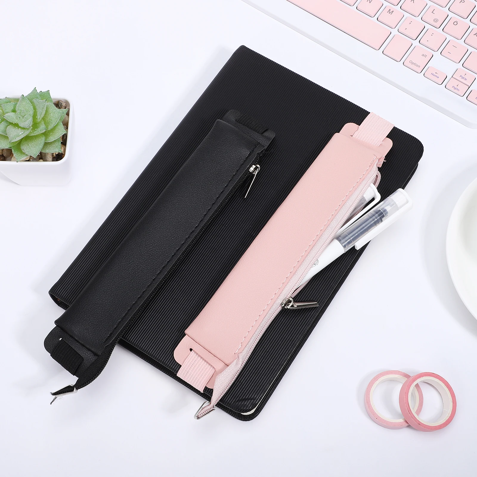 

2 pcs Pink Pen Organizer Zipper Pencil Pouch Small Portable Pen Holder For Notebook Planners Binders Elastic Strap Aesthetic