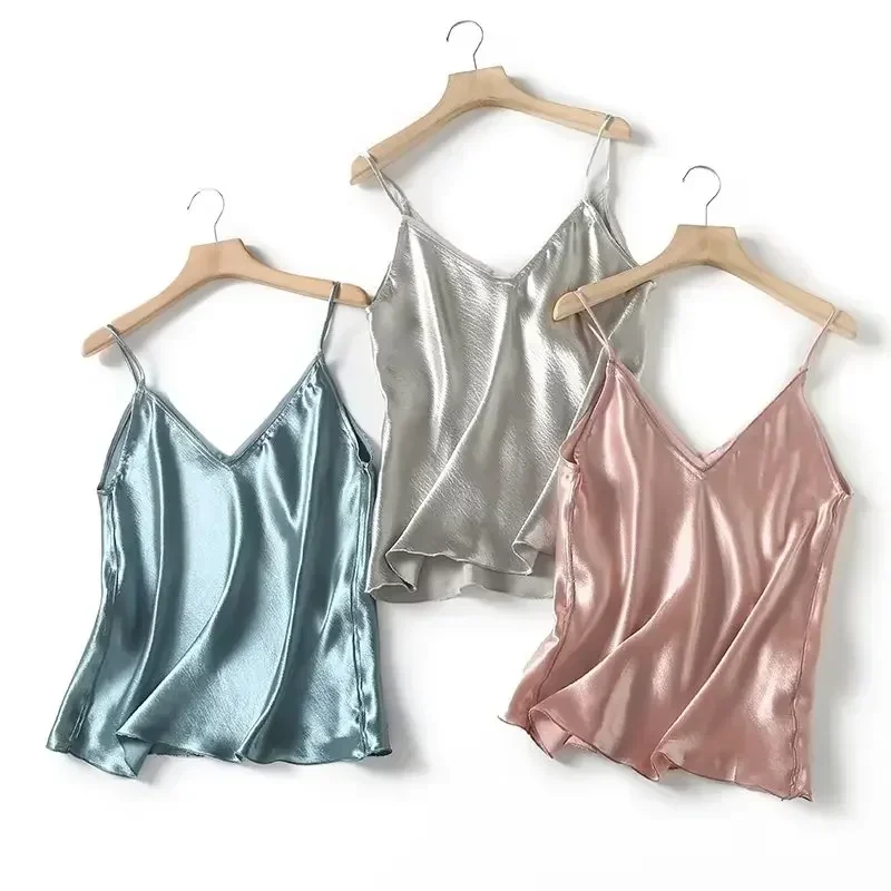 Women's 2023 Fashion New Casual Multi-color Silk Touch Suspender Vest Retro Backless Thin Shoulder Strap Female Camis Chic Top