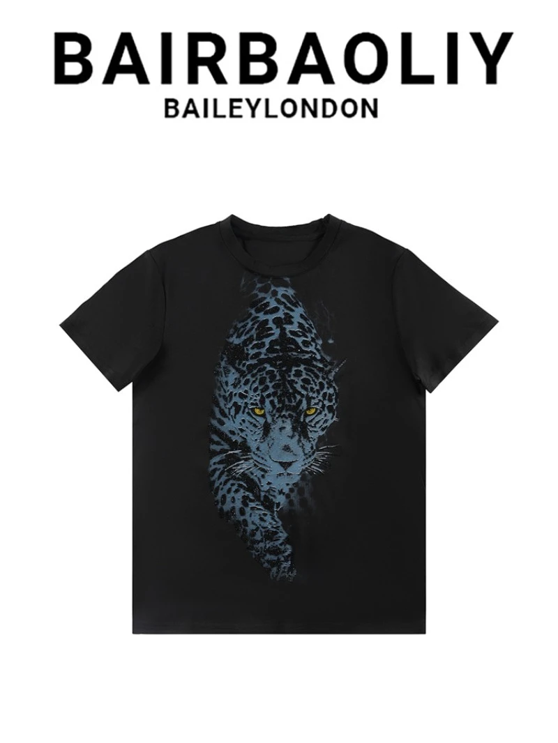 

BAIRBAOLIY Heavy Industry High-end luxury leopard Print short-sleeved T-shirt Spring/Summer 2025 New Men's round-neck top