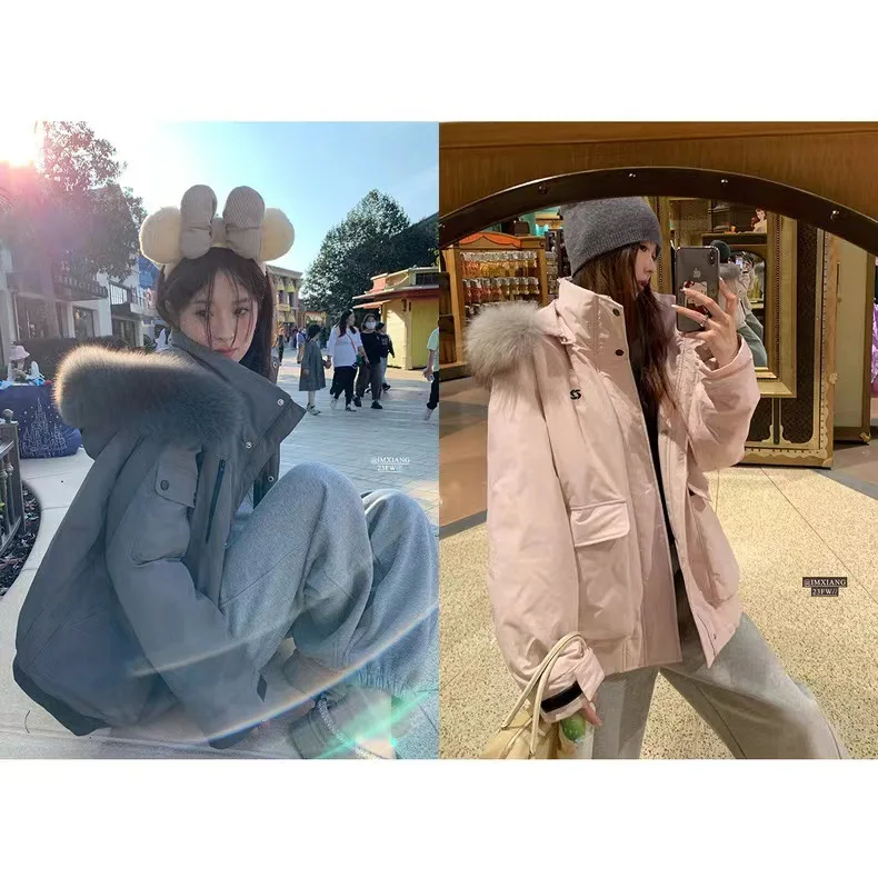 

Корейская женская утепленная зимняя куртка из хлопка с большим меховым воротником, свободного кроя, в рабочем стиле, модное женское пальто