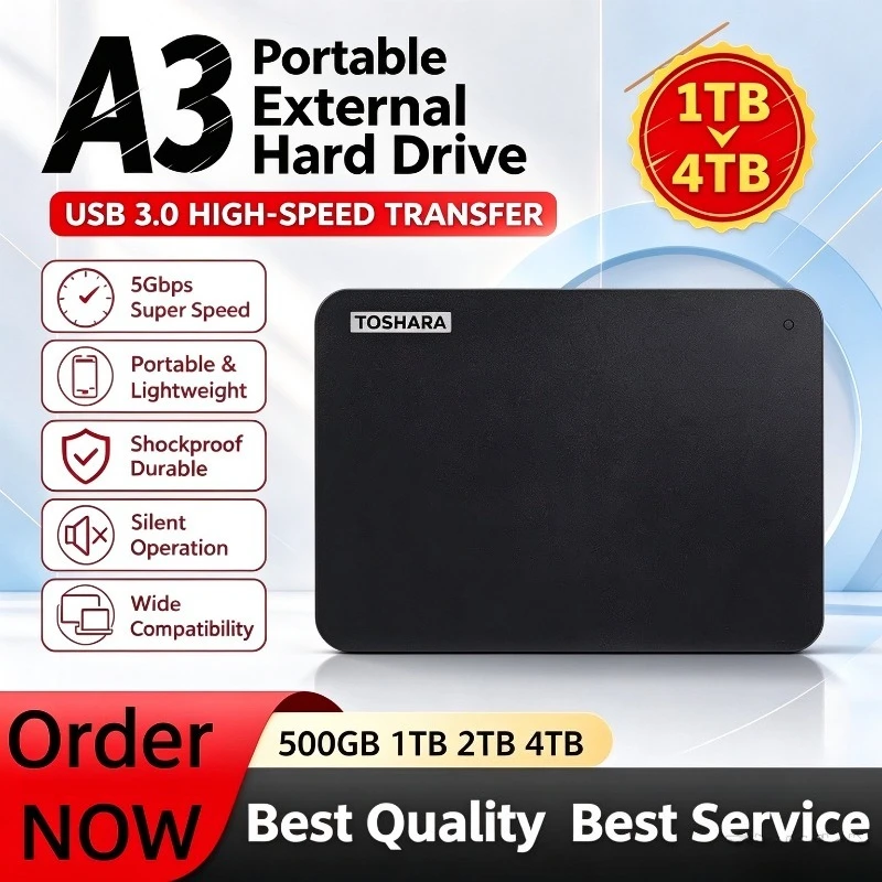 Original Portable Hard Drive A3 SSD 2TB 4TB SSD Black External Hard Drive USB 3.0 Portable for Gaming Console Office Gift