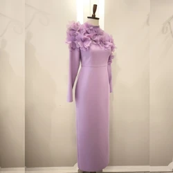 Customized Jersey Flower Sequined Valentine's Day Sheath High Collar Bespoke Occasion Gown  Midi Dresses