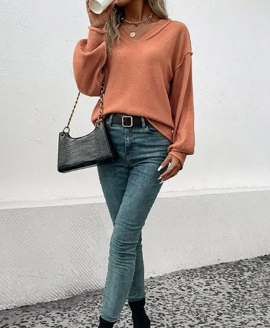 

2025 Elegant Popular Autumn and Winter Commuting Casual Retro Wind Torn Edge Lantern Sleeve Solid Color Sweater Pullover Tops