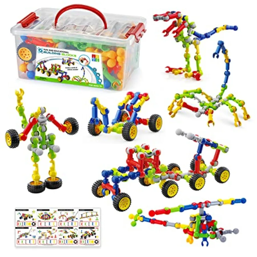

170 Pcs Building Toys for Ages 4-8 with Toy Box Storage, Idea Guide, Building Blocks STEM Toys for 3 4 5 6 7 8 9 Year Old Creat