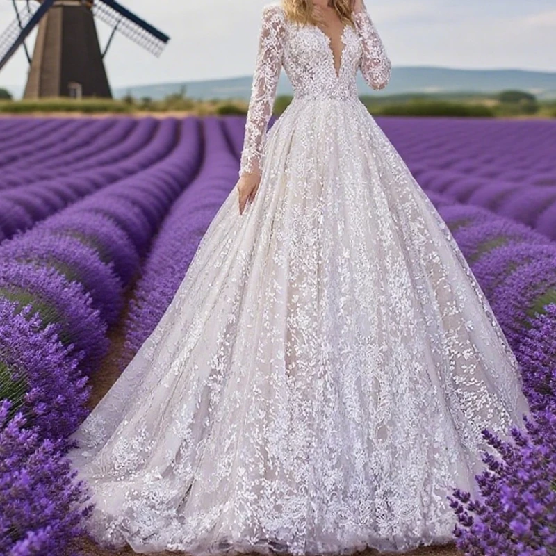 

Luxury Wedding Dresses For Women Romantic V-neck Long Sleeve Beading Appliques Wedding Gown Vestidos De Novia Customized