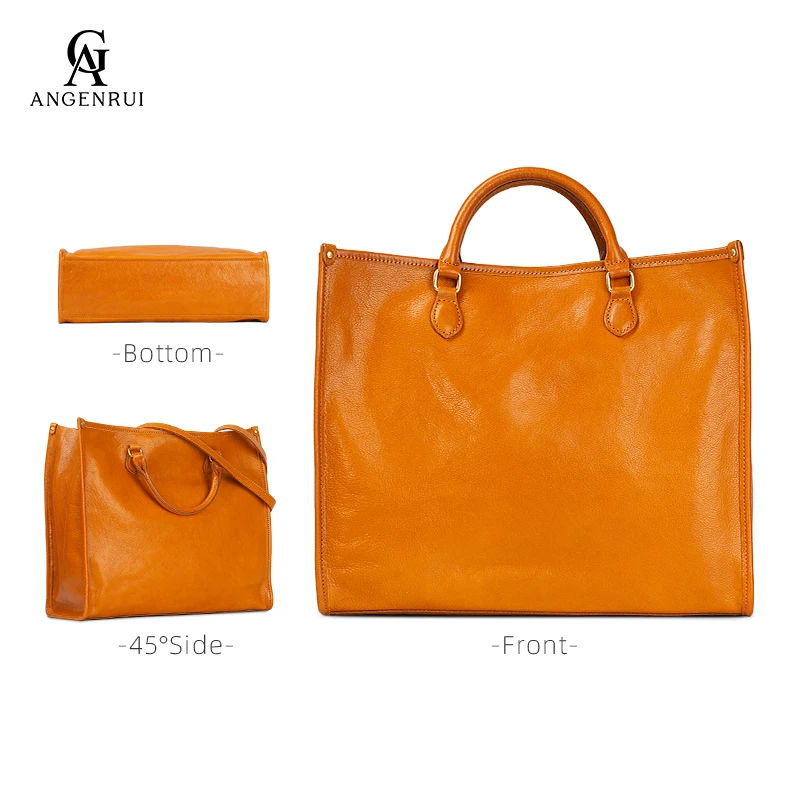 ANGENGRUI New Genuine Leather One Shoulder Handbag Commuter Large Bag Vegetable tanning Cowhide Large Capacity Handheld Tote Bag