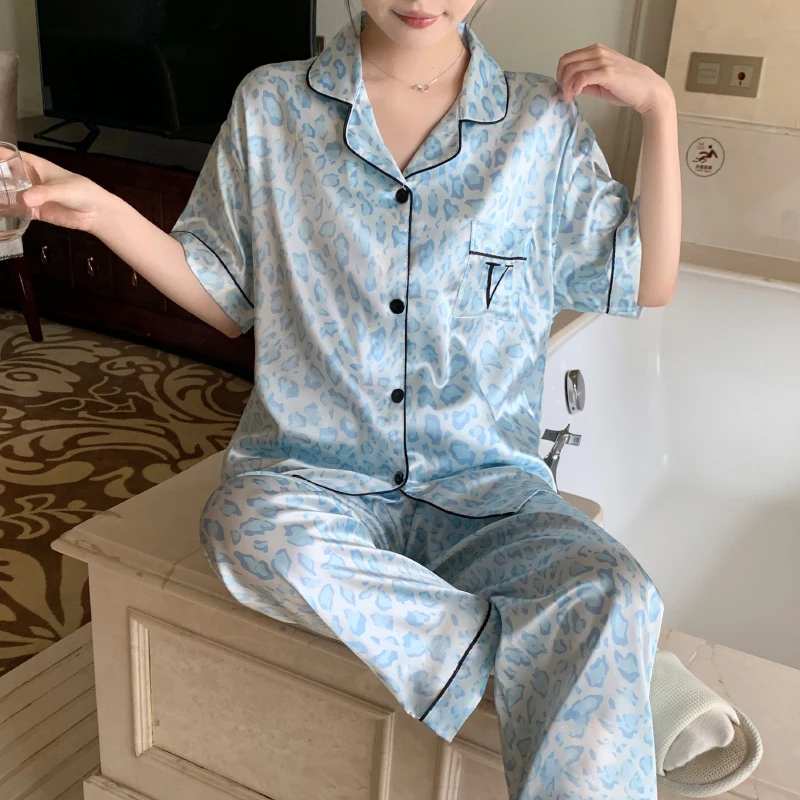 Europe & American Style Blue Leopard Women\'s 3pcs Pajamas Y2k Fashion Female Trendy Sleepwear 2024 New Autumn Casual Nightgown