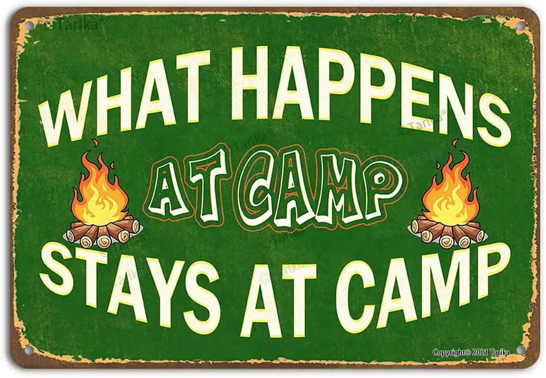 Vintage Metal Tin Sign Wall Plaque, What Happens at The Camp Stays at The Camp, Outdoor Street Garage Home Bar Club Wall Decor