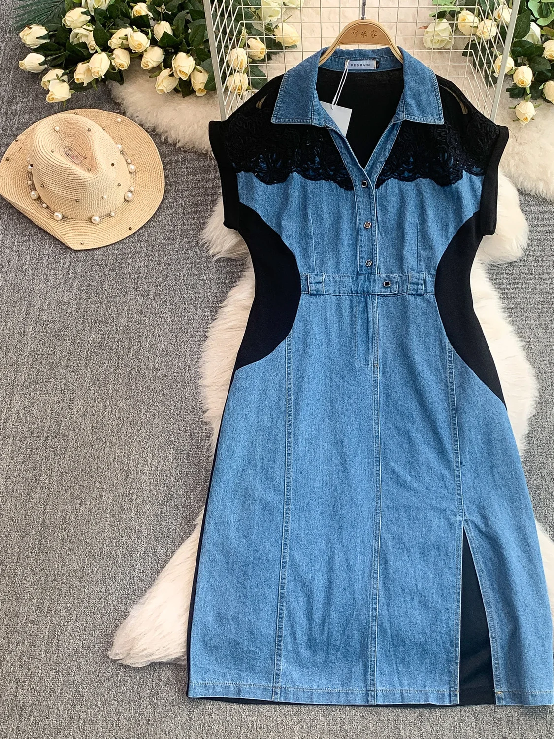 Retro Hong Kong Sle Sexy Lace V-ne ort Sve Dr Women's Summer Denim Patchwork Waist-cinching Slimming Split Long D...