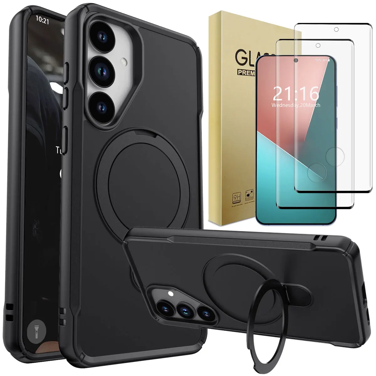 

Черный чехол для Samsung Galaxy S25/Plus/Ultra, противоударный чехол с подставкой и 2 шт., защитные пленки из закаленного стекла с полным покрытием