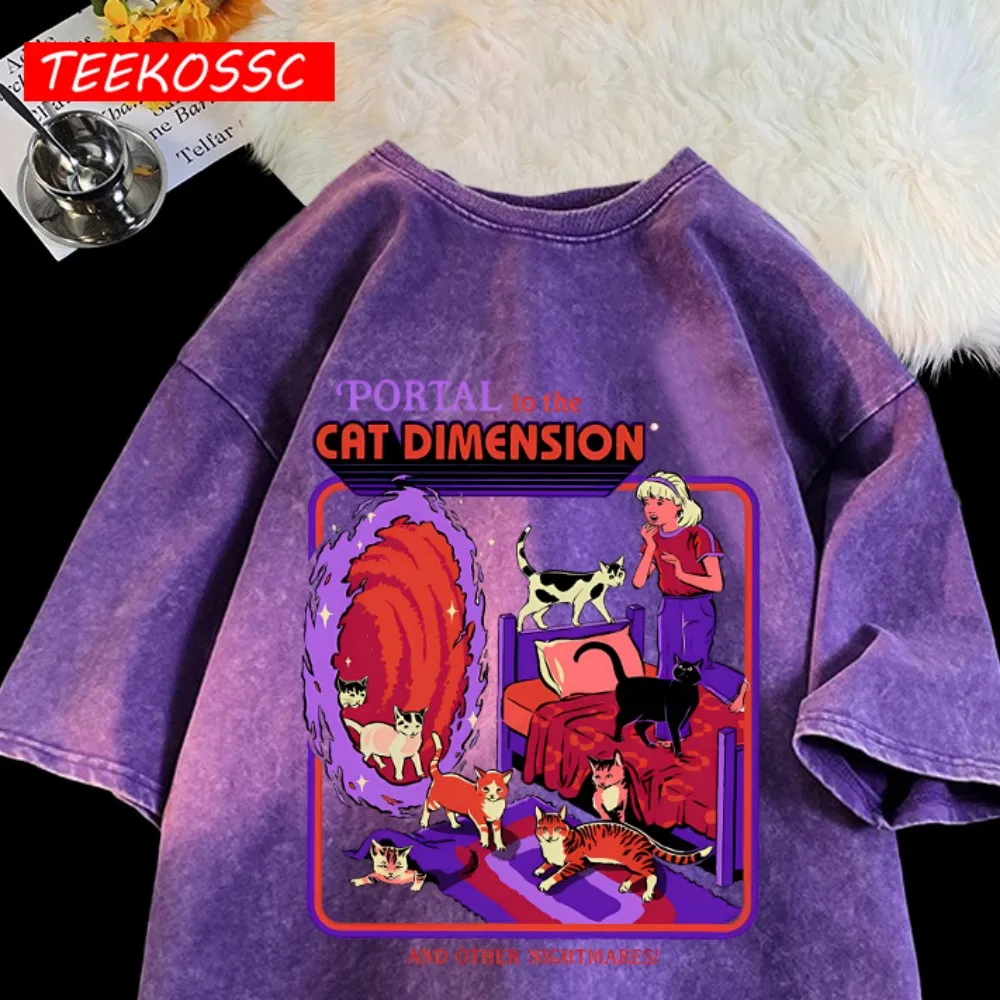 Portal To The Cat Dimension Print Snow Washed T-Shirts Herren-Baumwoll-T-Shirt Sportbekleidung Kleidung Rundhalsausschnitt Lose Kurzarm