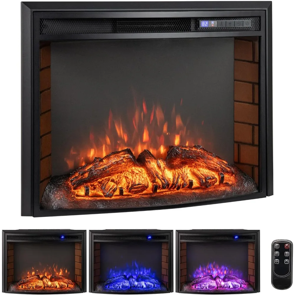 

26-Inch Electric Fireplace Insert with 750W/1500W Adjustable Heat, Curved Design, Remote Control, Overheat Protection, and 6-Hou