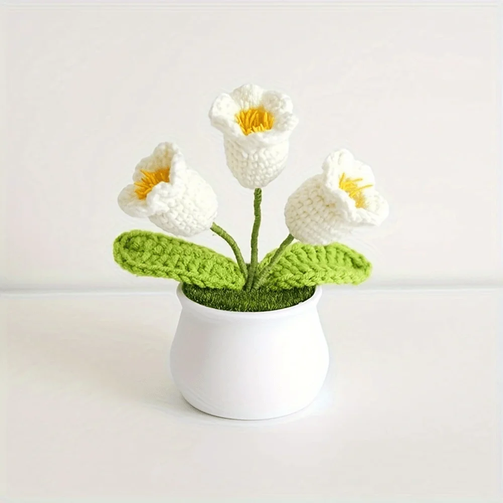 Boutique handmade woven 3-head lily of the valley potted home decoration, knitted simulation flower yarn hook woven lily of the