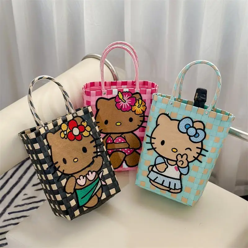 Kawaii Sanrio Hello Kitty Portable Handbag Bucket Bag Weaving Baskets Leisure Travel Bag Miscellaneous Storage Bag Gift For Girl