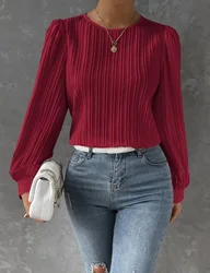 Women's Fall New Casual Shirts Female Solid Round Neck Long Sleeve White Blouses Clothes