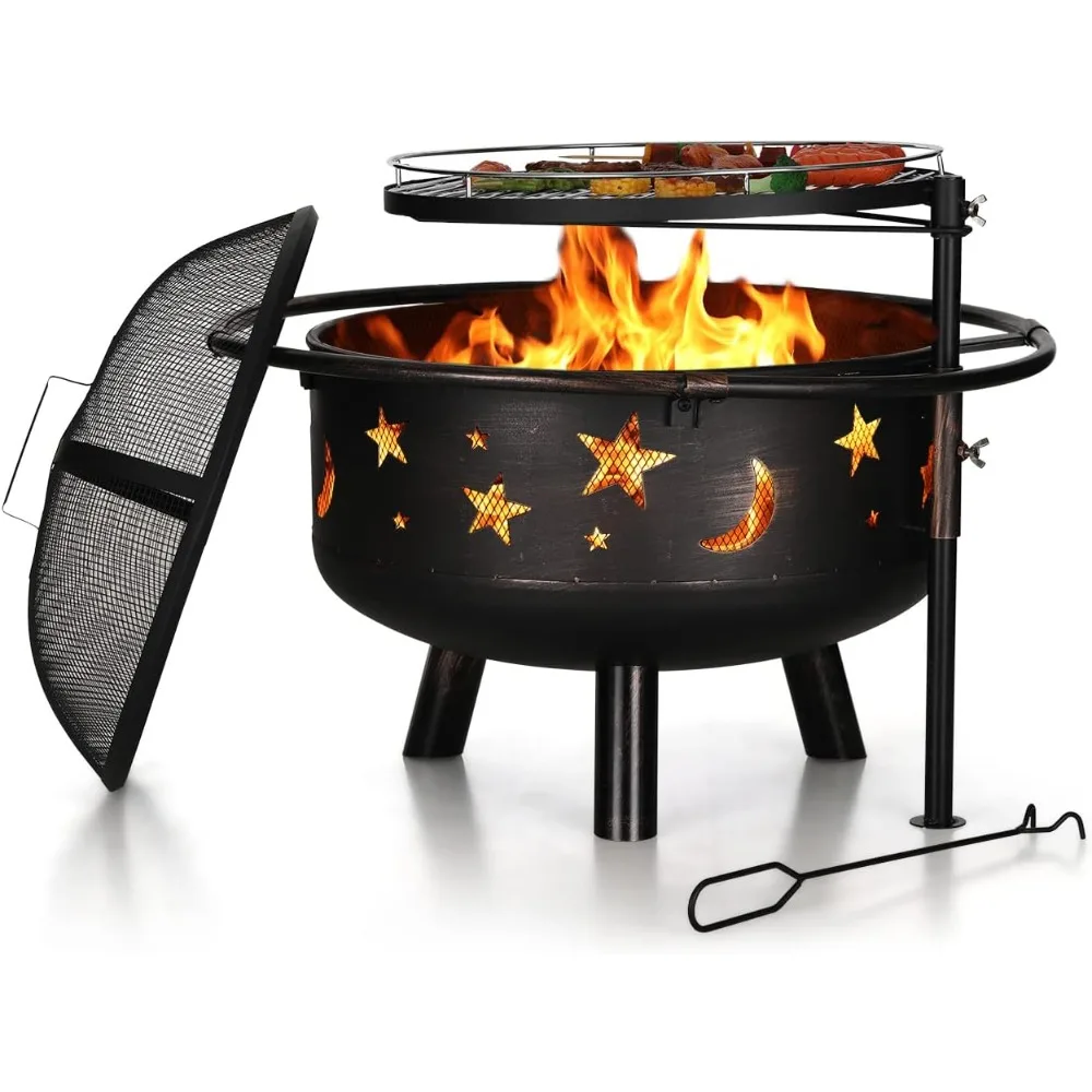 

30" Outdoor Wood Burning Firepit with Cooking Grate, Patio Deep Bowl Steel Fire Pits for Outside with Adjustable Swive