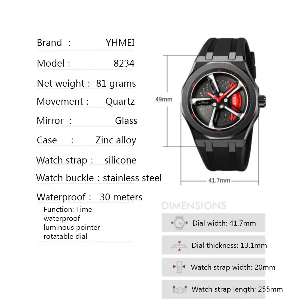 Cool men\'s watches silicone strap wheel hub rotating dial design luminous and waterproof top fashion quartz watch for men