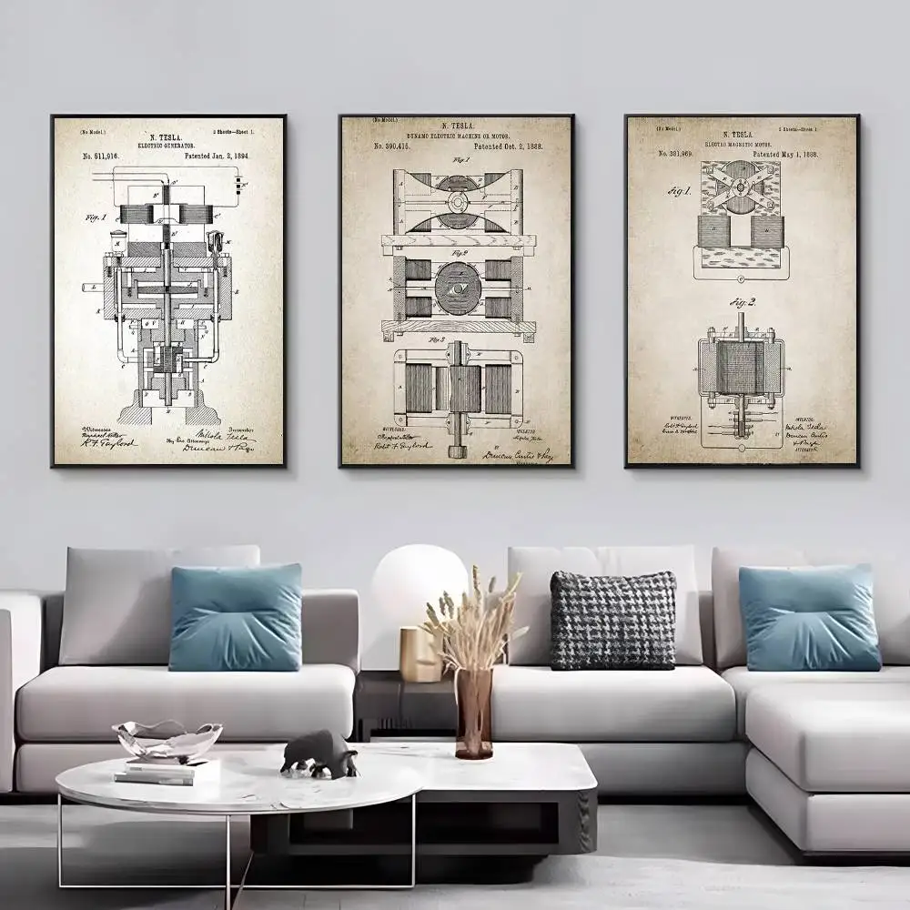 نيكولا تيسلا موتور براءة اختراع مخطط الفن قماش HD الجمالية ورق طباعة جدار الفن لغرفة المعيشة بار ديكور المنزل الموضة