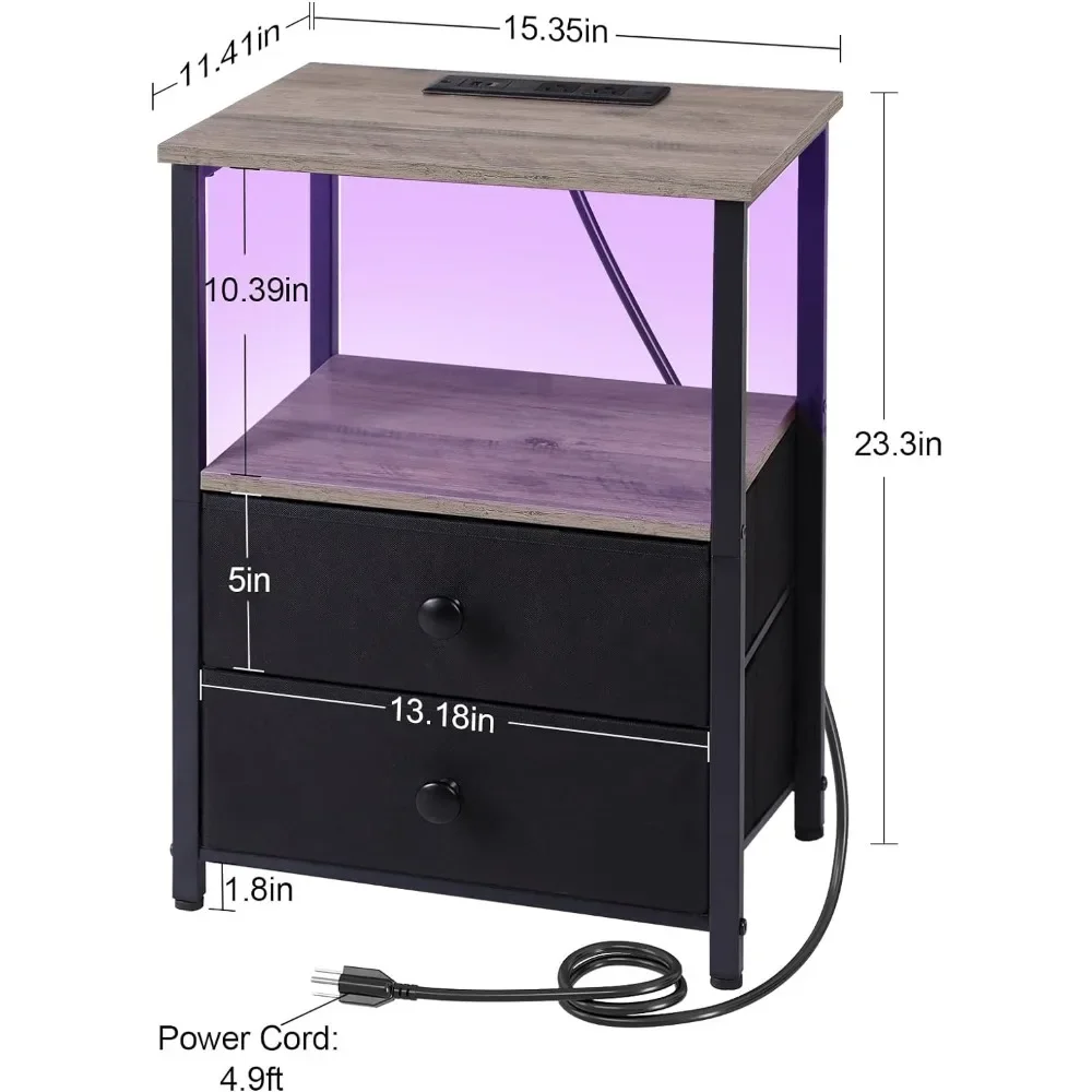 Nightstands Set of 2, LED Night Stand with Charging Station, Modern End Tables Living Room with 2 Fabric Drawers